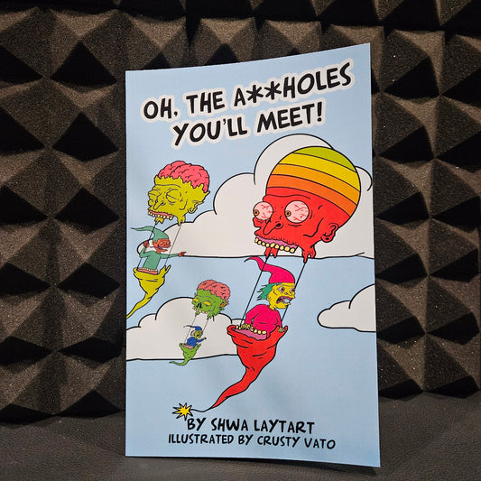book cover with colorful characters and text with clouds in front of a black textured background